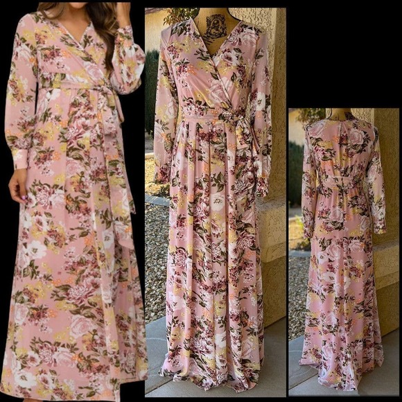 PINKBLUSH Pink Floral Chiffon Long Sleeve Pleated Maternity Maxi Dress Size S - Picture 1 of 7